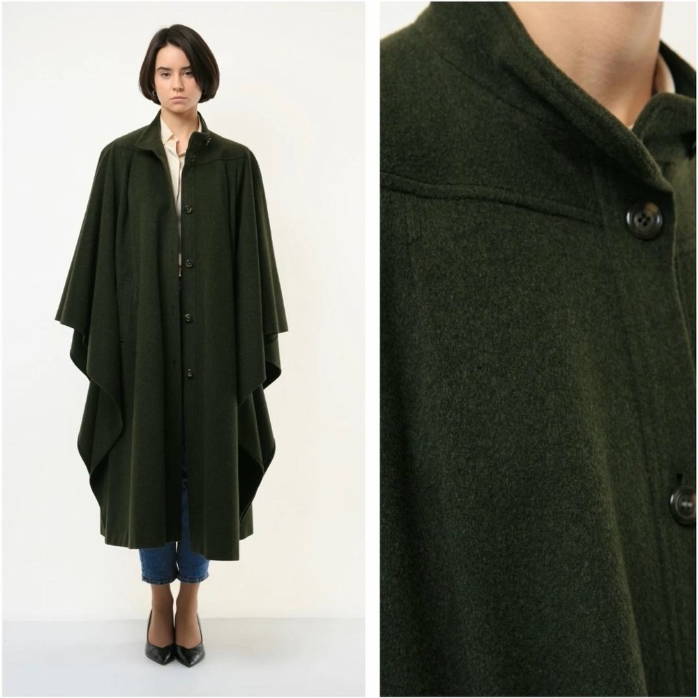 SCHNEIDERS Vintage Dark Green Khaki 100% Wool Long Sleeve Maxi Coat Cape